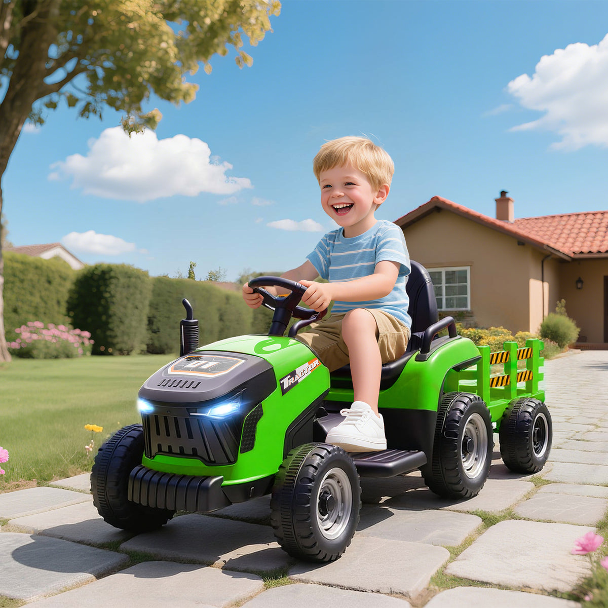 Trator Elétrico para Crianças com Reboque Desmontável Bateria 12V Velocidade 3-5 km/h Controle Remoto 2,4G Música Buzina para Crianças de 3-8 Anos 139x58x55 cm Verde — foto 2