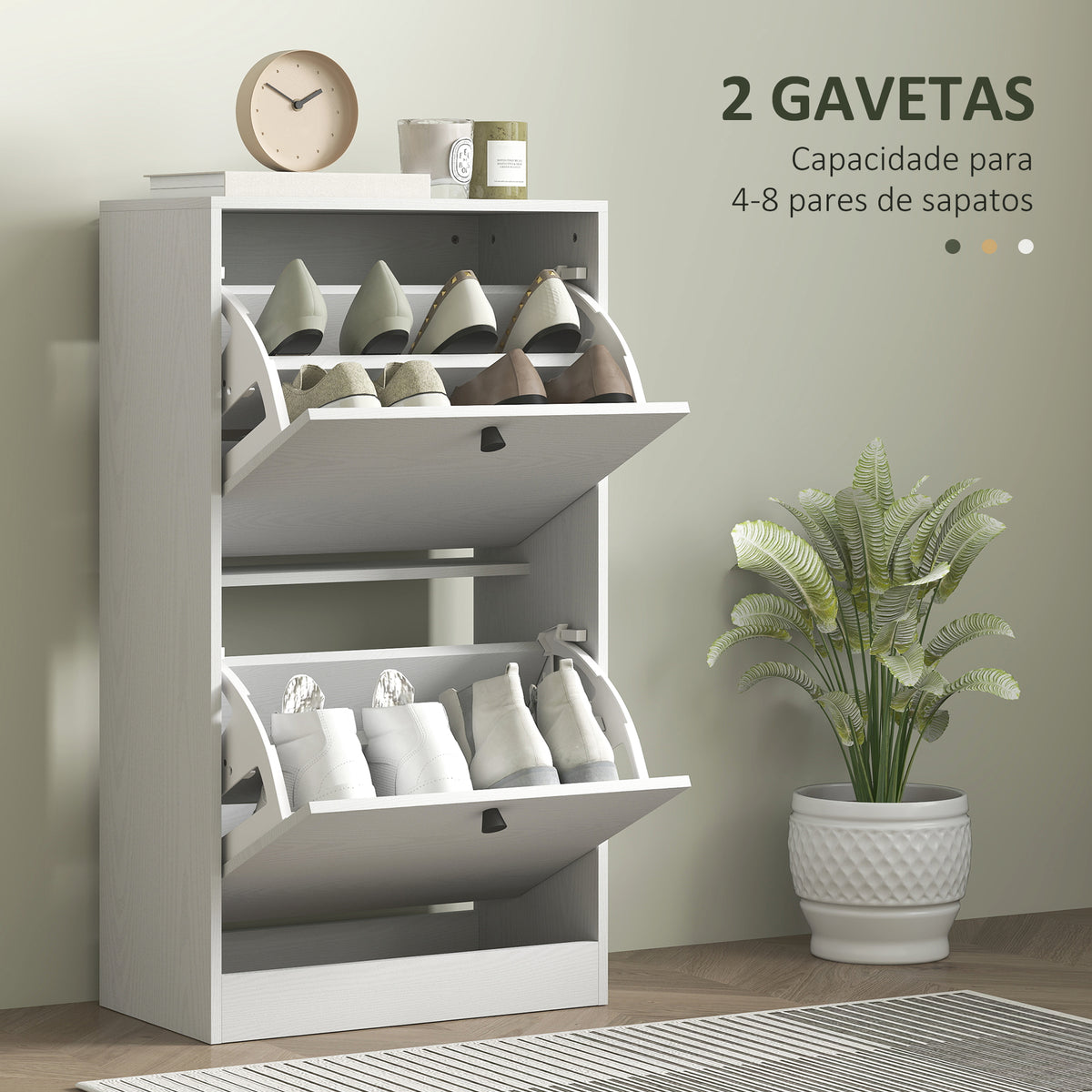 Sapateira Estreita Móvel Sapateira de Entrada com 2 Gavetas Abatíveis e Prateleiras Ajustáveis para 8 Pares de Sapatos Armário para Sapatos para Corredor 47x26x85 cm Branco — foto 4
