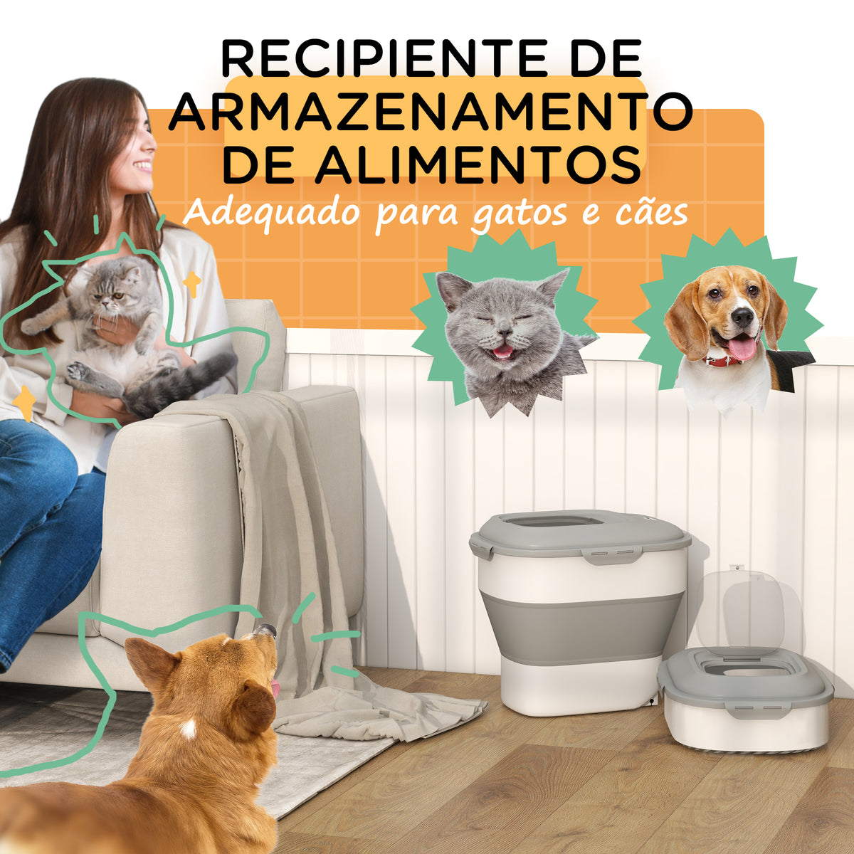 Recipiente de alimentação dobrável de 25l, recipiente de comida para cães com rodas, copo de medição, tigela dobrável e colher, recipiente de comida para animais de estimação, gatos, cinza — foto 4