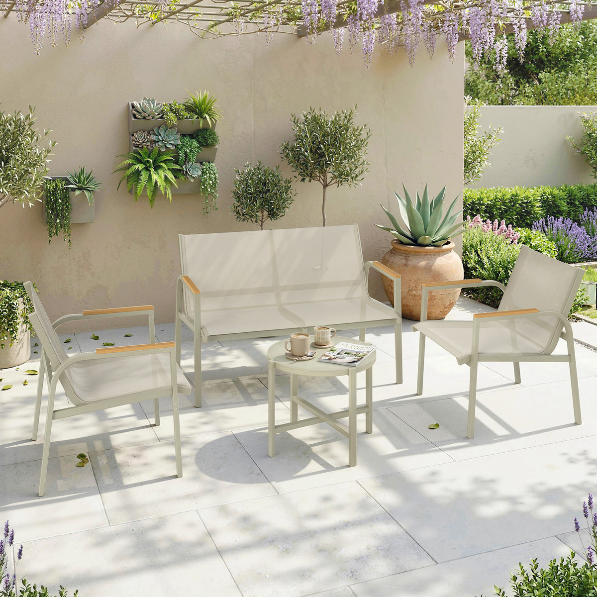 Conjunto de Jardim para Terraço com Sofá 2 Lugares 2 Poltronas e Mesa de Centro em Vidro Temperado 4 peças Verde — imagem 3