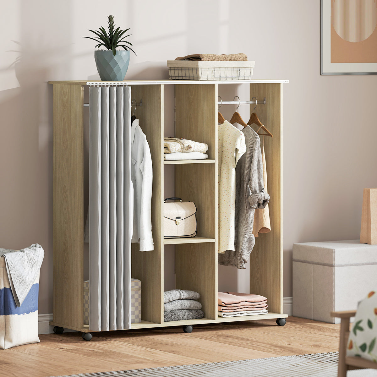 Armário guarda-roupa Móvel de Armazenamento 6 rodízios 120L x 40l x 128H cm em madeira natural — imagem 3
