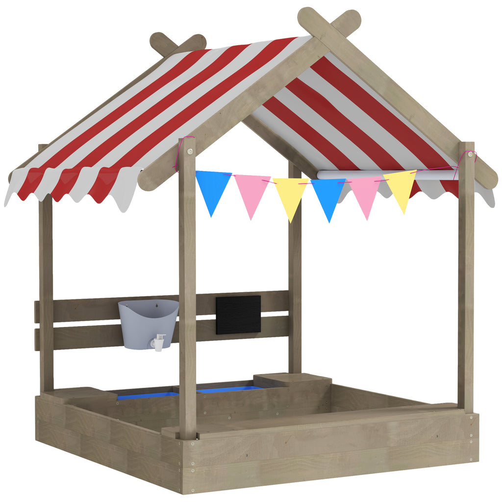 Caixa de areia com proteção solar, design de casa de brincar, com conjunto de brinquedos, madeira maciça tratada, 124 x 116 x 146 cm, cinza — foto 1