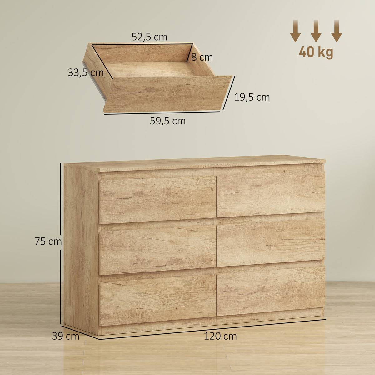 Cômoda 6 gavetas móvel de arrumação sem puxadores design minimalista 120 x 39 x 75 cm carvalho — foto 2