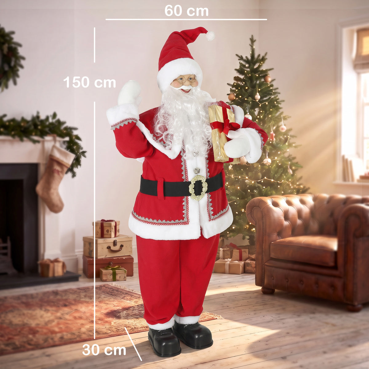Pai Natal Cantor em Tamanho Real 150 cm Figura Musical Animada com Cabeça Giratória Mão Acenando e Presente — foto 2