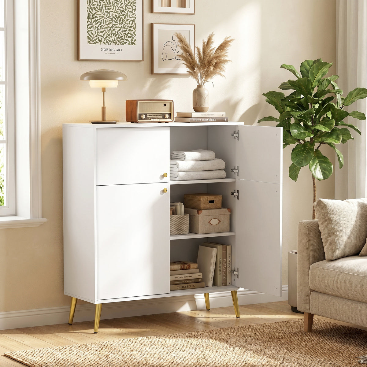 Aparador Moderno de 105,4 cm com 4 Portas com Fecho Suave e Pés Metálicos para Sala de Jantar e Cozinha Creme Branco — imagem 3