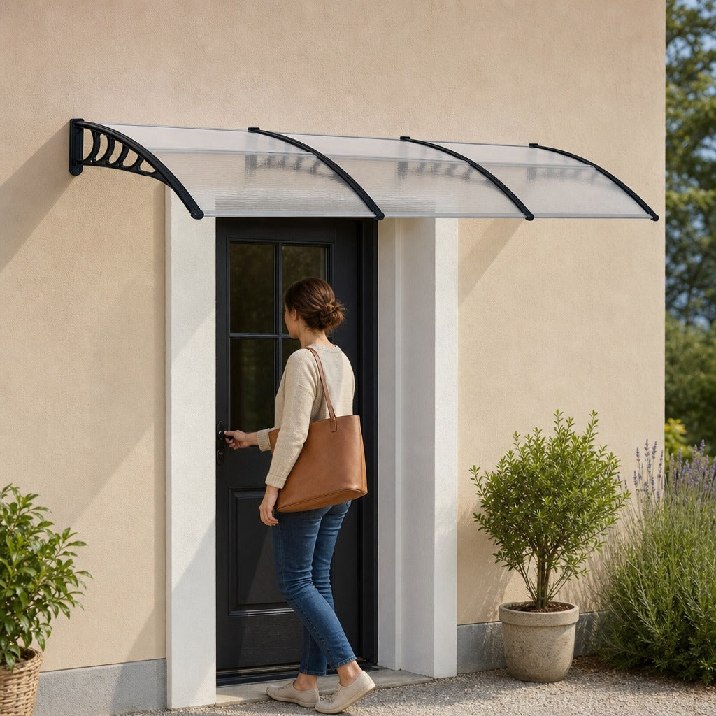 Marquise de Proteção 303x96cm Marquise Exterior para Portas e Janelas Contra o Sol e Chuva com Suporte Liga de Alumínio Policarbonato Transparente — Em utilização | In use