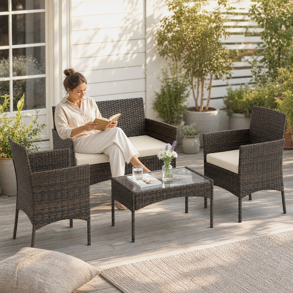 Conjunto de Jardim em Vime com Almofadas Conjunto de Exterior Resistente às Intempéries Móveis de Exterior com 2 Poltronas Sofá de 2 Lugares Mesa com Vidro Marrom e Bege — Em utilização | In use