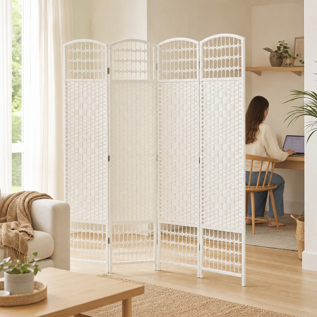 Biombo Dobrável de 4 Painéis, 160x170 cm, Separador de Ambientes em Corda de Papel, Estrutura de Madeira, Decoração para Quarto e Sala, Branco — Em utilização | In use