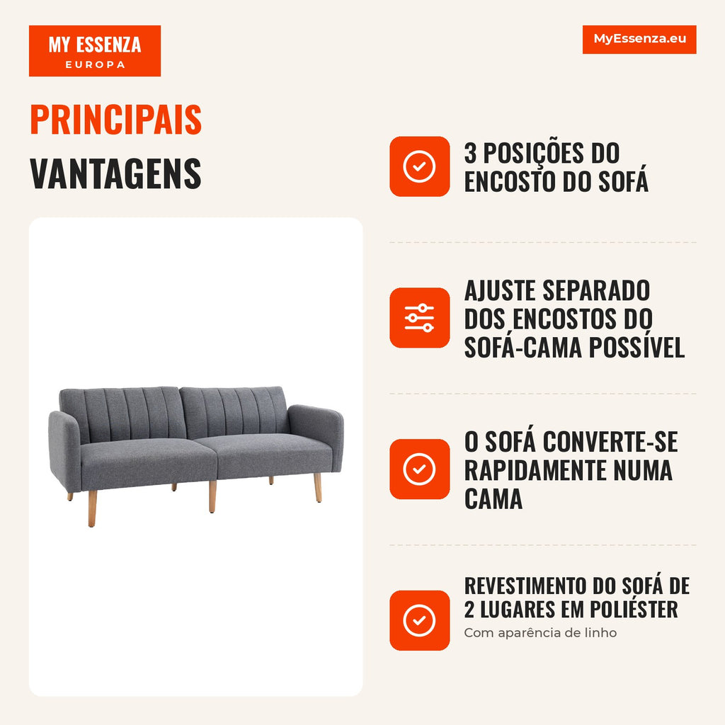 Sofá-cama, sofá de tecido 2 lugares, sofá com função cama, poliéster com aparência de linho, madeira de borracha, 173 x 75 x 73 cm, Cinza — infografia 2