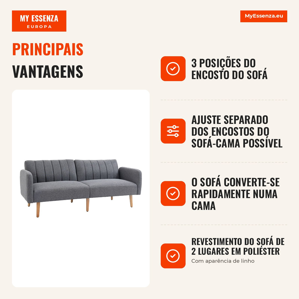 Sofá-cama, sofá de tecido 2 lugares, sofá com função cama, poliéster com aparência de linho, madeira de borracha, 173 x 75 x 73 cm, Cinza — infografia 2