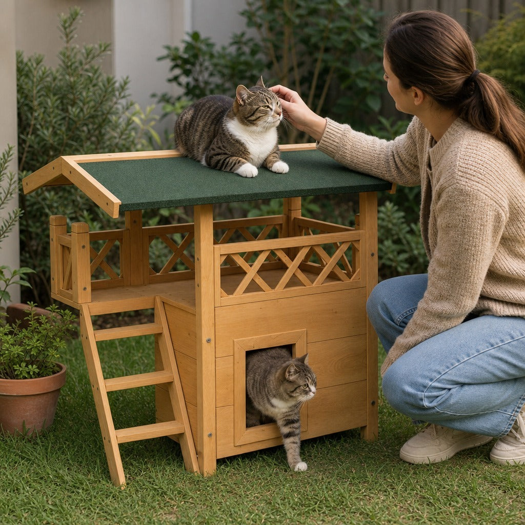 Casa para Gatos de Madeira 77x50x73 cm Casa para Gatos com 2 Níveis com Teto Asfáltico Terraço Cercado Caverna e Escada para Interior e Exterior Madeira — Em utilização | In use