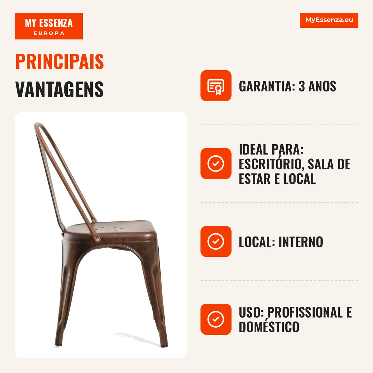 Cadeira Meyer Vintage — Ouro vintage — Infografia — vantagens