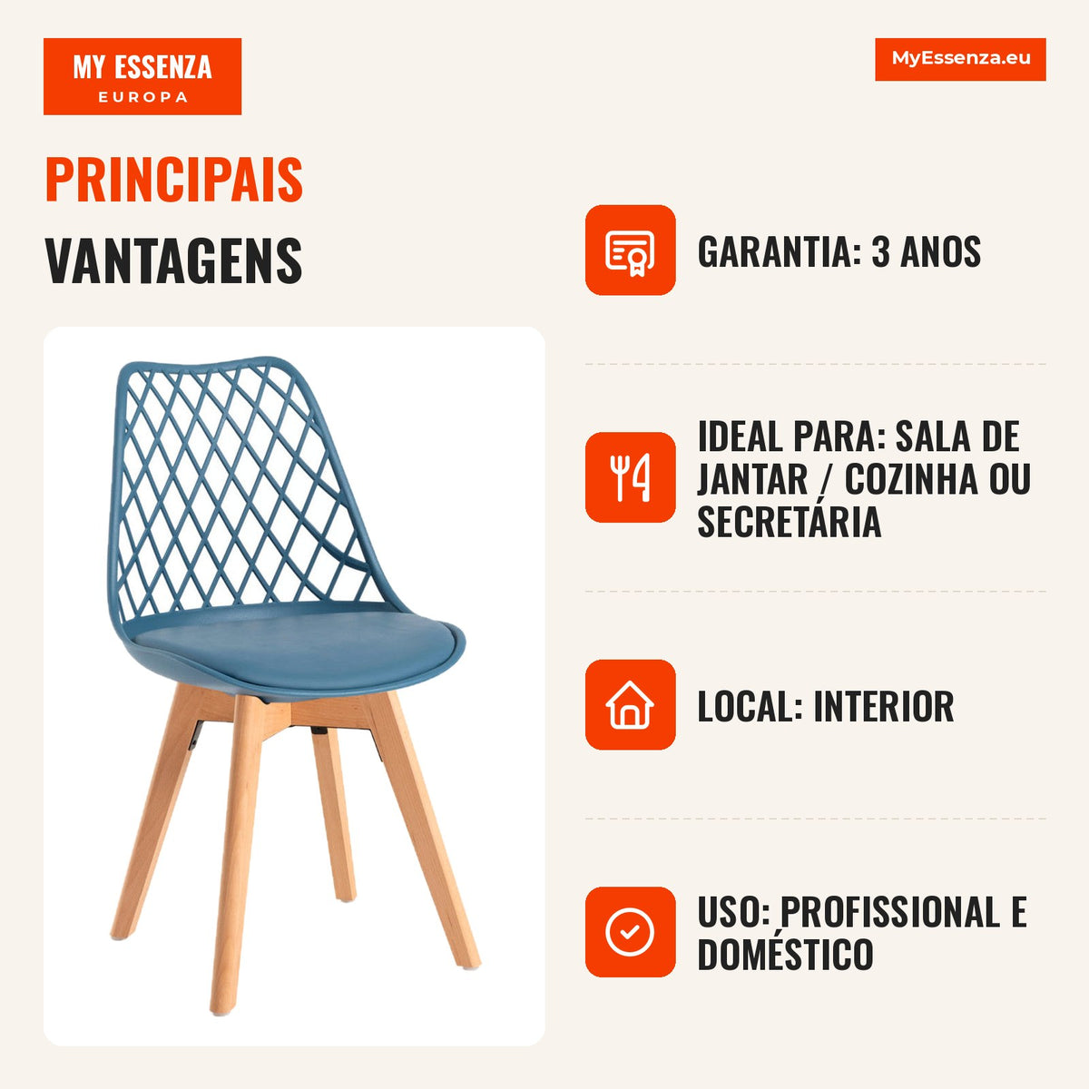 Cadeira Mani — Azul Petróleo — Infografia — vantagens