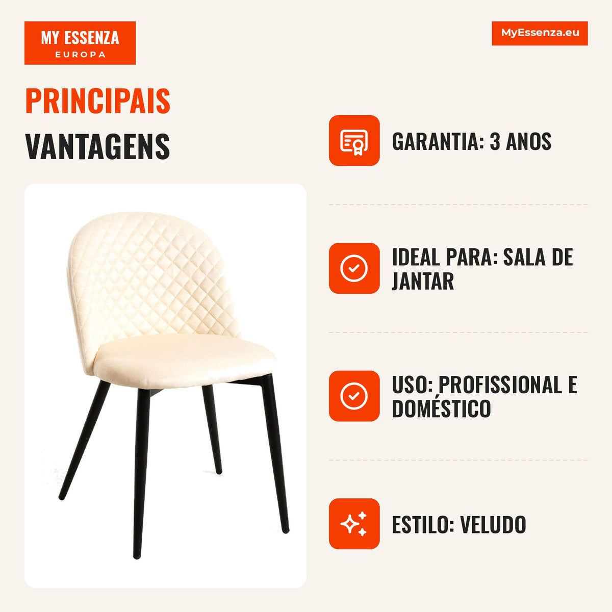 Cadeira Mema — Beige — Infografia — vantagens