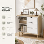 Aparador de Sala Moderno com 3 Gavetas Prateleira Ajustável e Pés em Madeira para Cozinha Entrada Quarto 80x35x77 cm Branco Brilhante e Carvalho — Características | Features