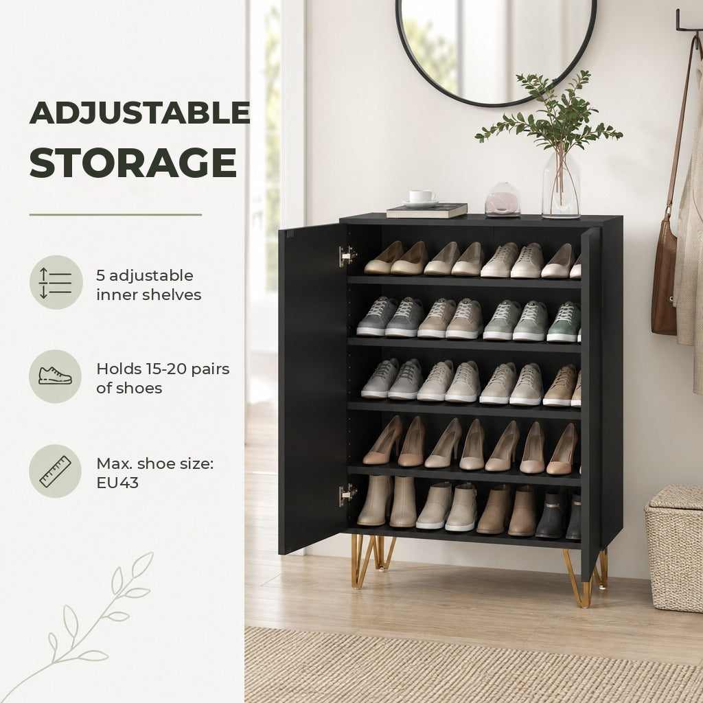 Móvel Sapateira de Entrada Armário Sapateira com Prateleiras Ajustáveis para 15-20 Pares de Sapatos para Corredor Entrada 72x31,5x95 cm Preto — Características | Features