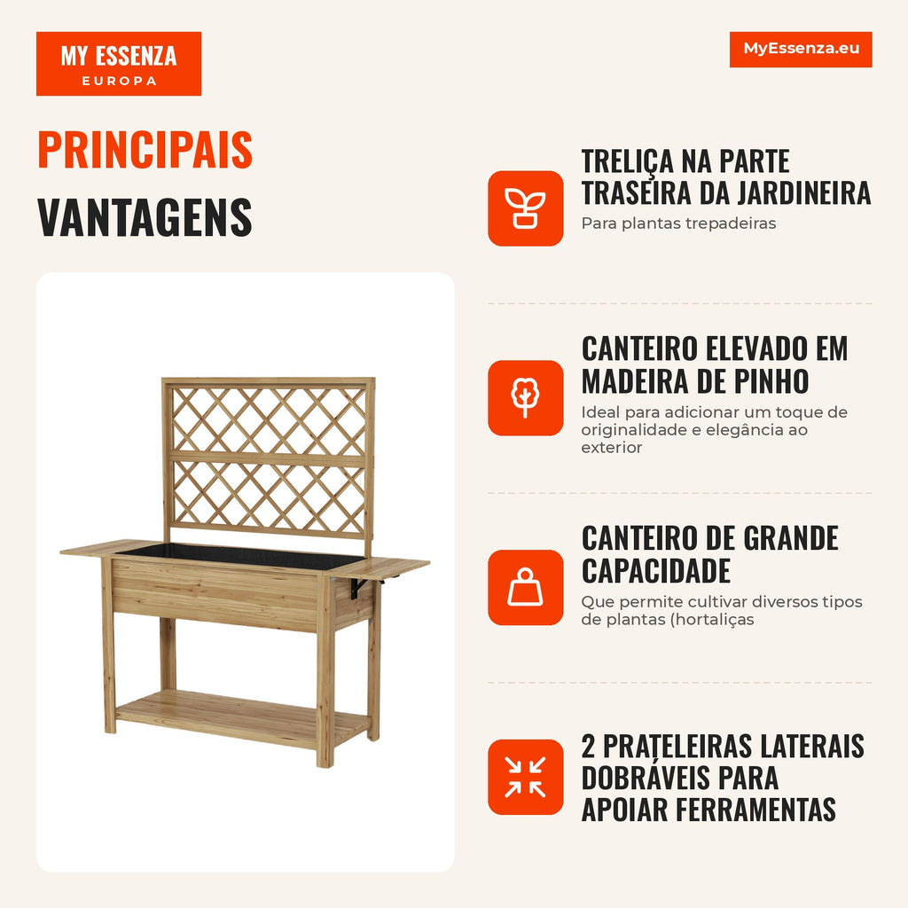 Jardineira Elevada Retangular em Madeira com Treliça e Prateleiras — infografia 2