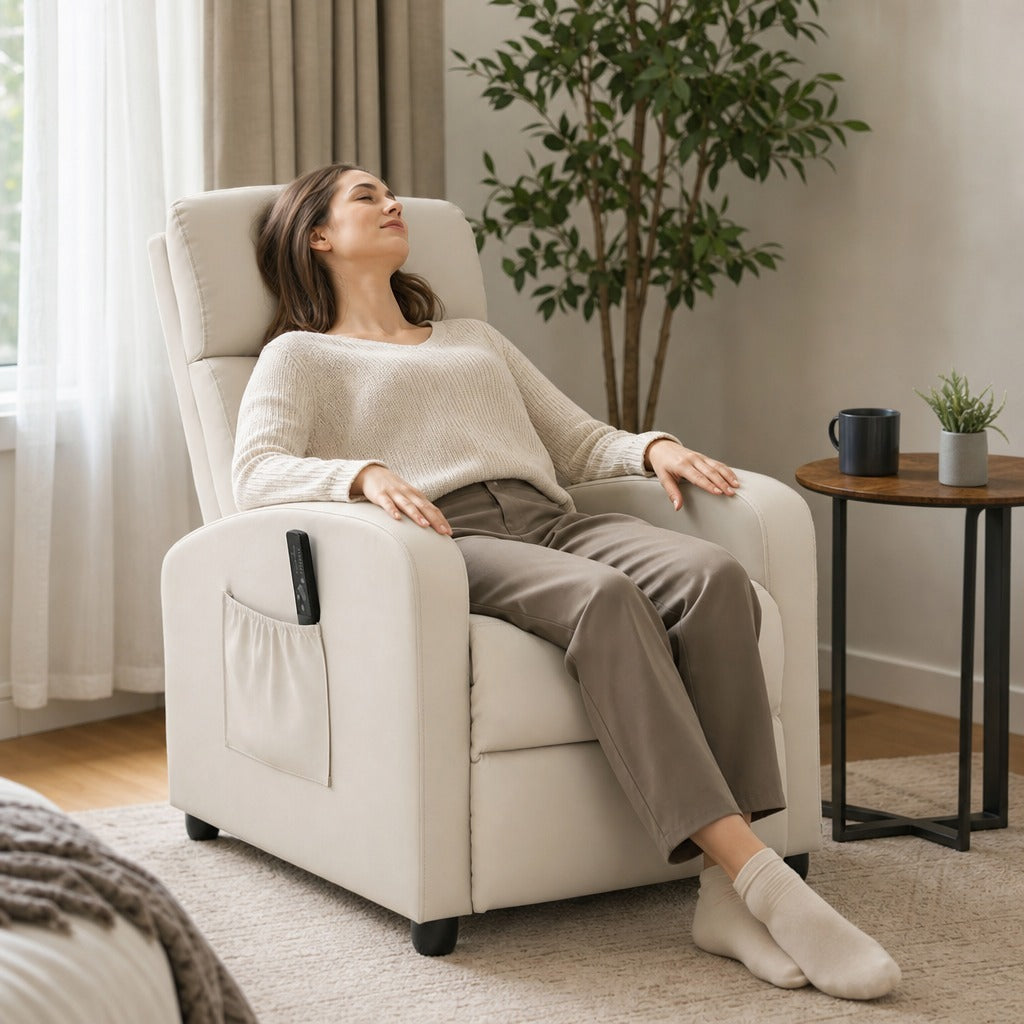 Poltrona de Massagem Poltrona Relax Reclinável com 2 Zonas de Massagem 8 Programas 5 Níveis de Intensidade e Controlo Remoto Estofada em PU 68x88x98 cm Creme — Em utilização | In use