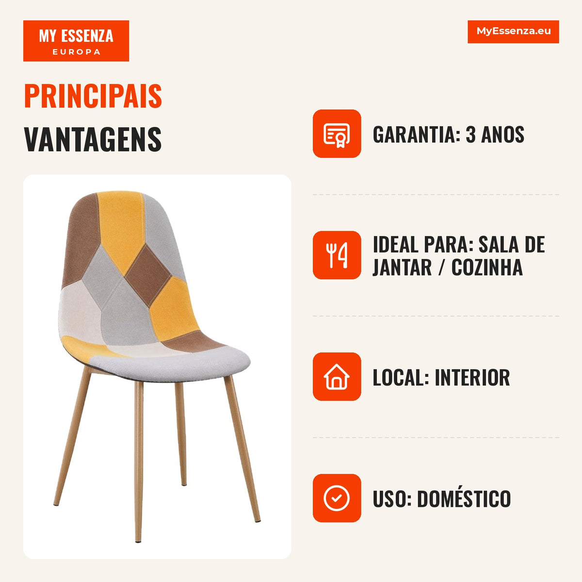 Cadeira Leo Patchwork — Amarelo — Infografia — vantagens