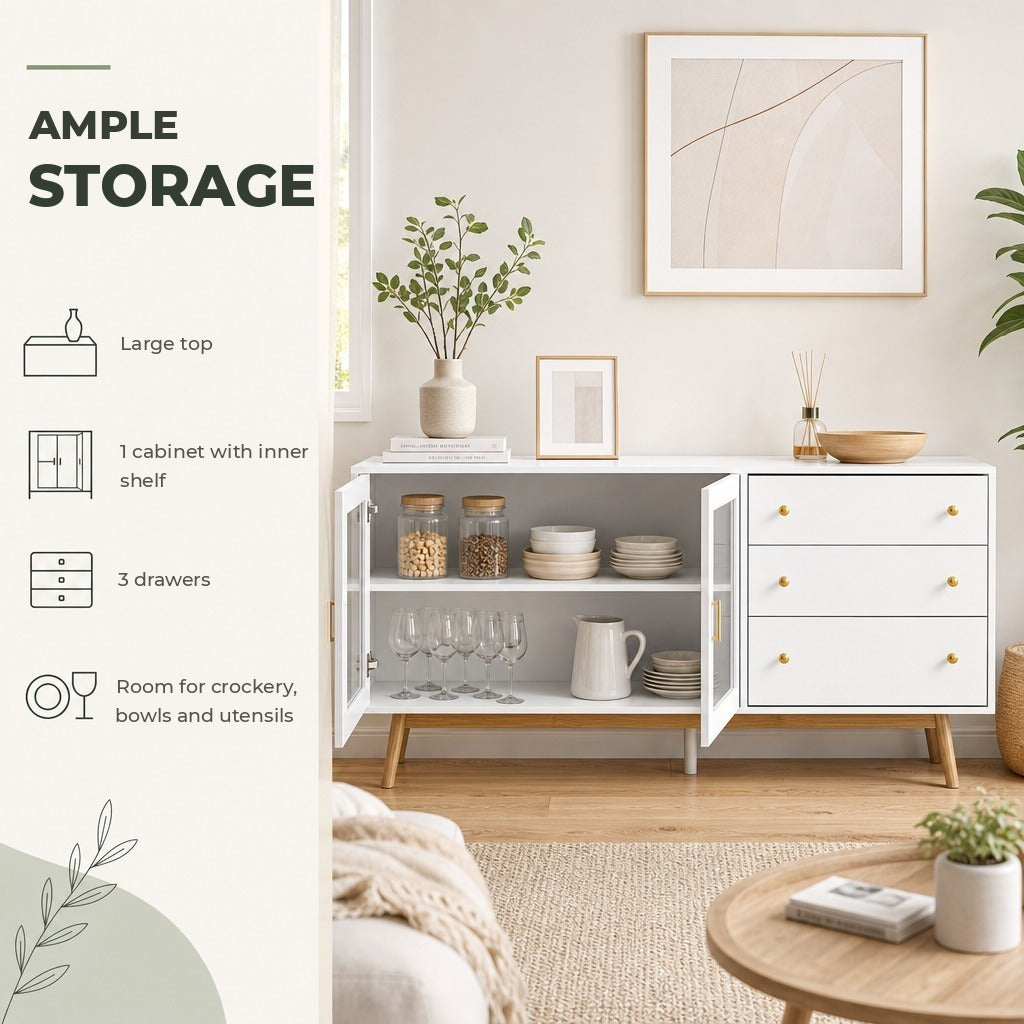 Aparador de Cozinha Moderno Aparador de Sala de Estar com 2 Portas de Vidro 3 Gavetas e Pés de Madeira de Borracha para Sala de Jantar 160x40x80 cm Branco e Madeira — Características | Features