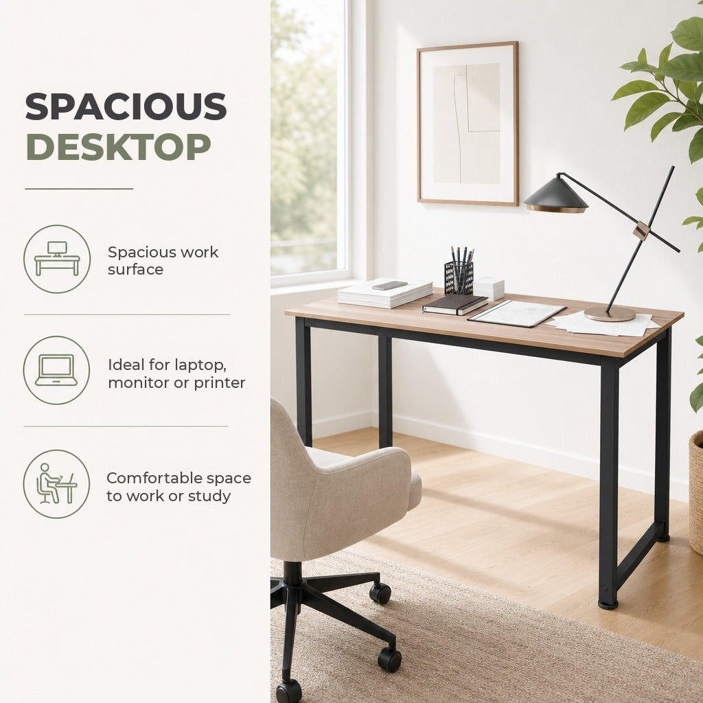 Secretária Moderna Mesa de Estudo com Estrutura de Aço e Pés Ajustáveis Mesa de Computador para Escritório Casa 120x60x76 cm Madeira e Preto — Características | Features