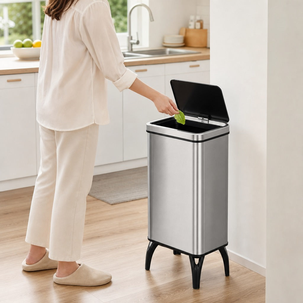 Balde de Lixo Automático 50 L Papelera de Cozinha em Aço Inoxidável com Sensor Infravermelhos Fecho Suave Pés, Aro de Retenção Anti-Impressões para Escritório Casa 35,5x26x83,5 cm — Em utilização | In use