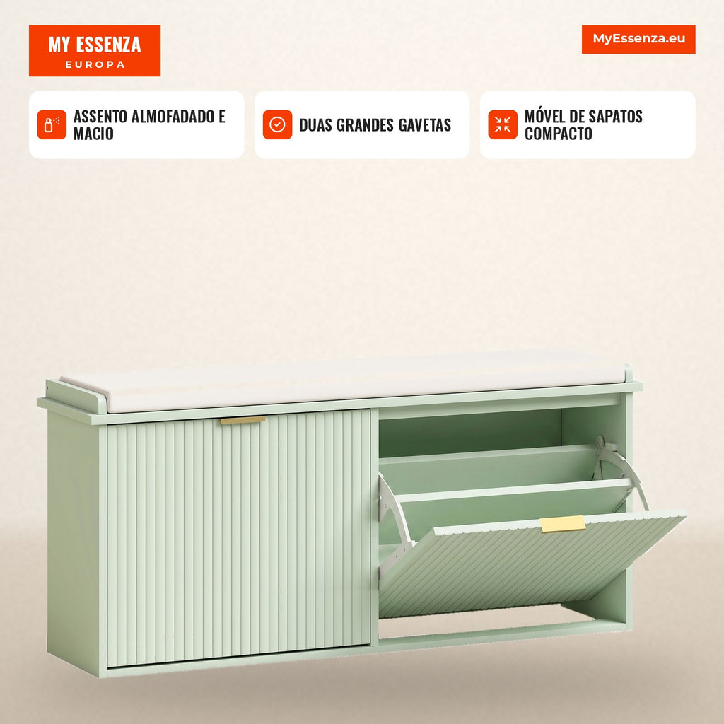 Banco para Sapatos com Almofada de Assento Acolchoada e Gaveta Basculante para Corredor Quarto 104x26x47,5 cm Verde — infografia 2