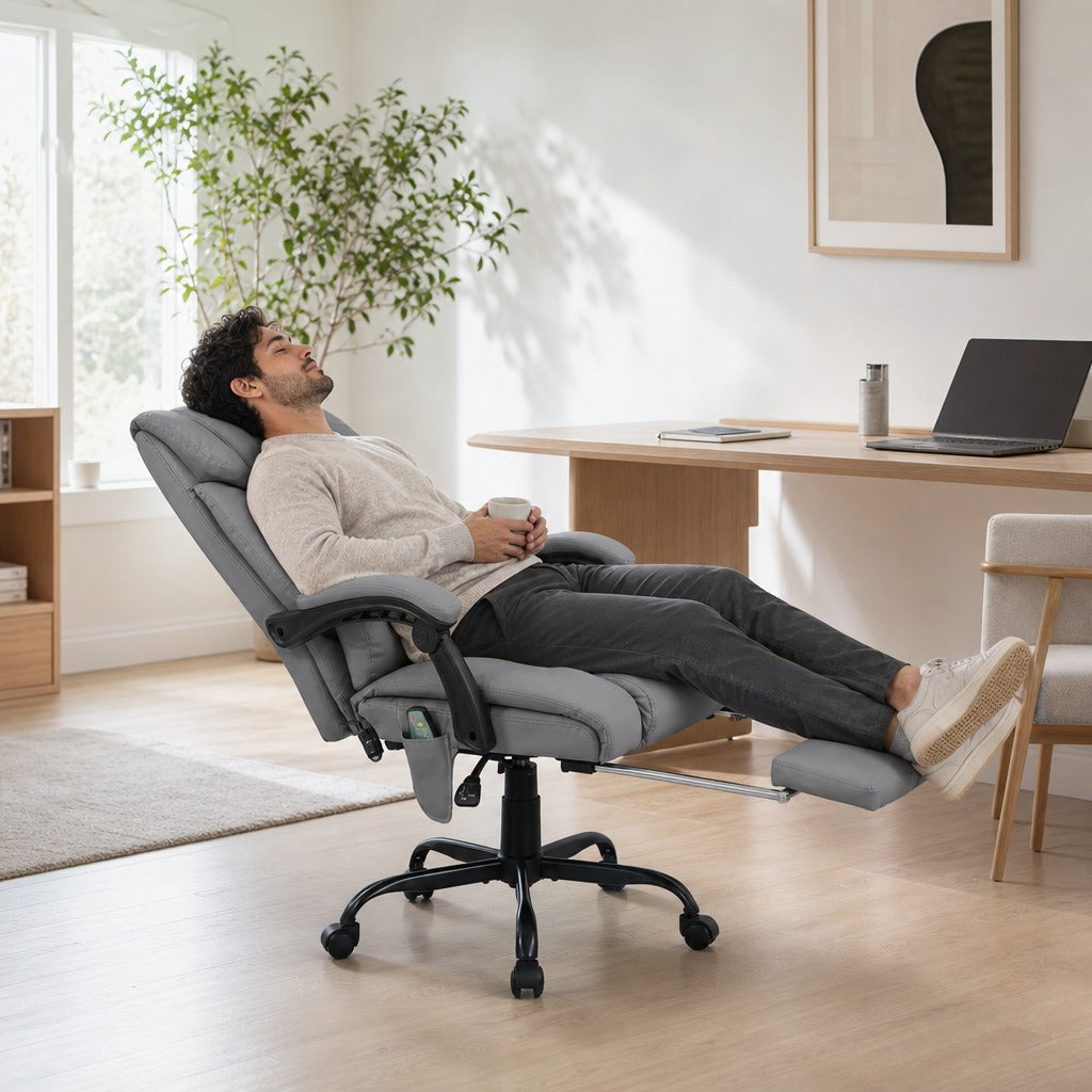 Cadeira de Escritório com Massagem de 6 Pontos Cadeira Giratória com Encosto Alto Reclinável Altura Ajustável Apoio para Pés e Controlo Remoto 66x75x112-122 cm Cinza — Em utilização | In use