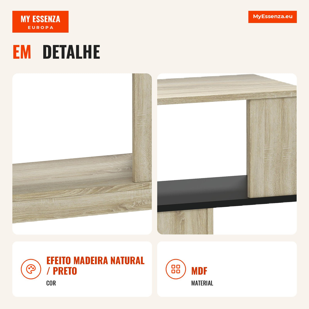 Mesa de apoio em forma de S, mesa lateral com 3 níveis e prateleiras de arrumação, 90 x 30 x 61 cm, efeito madeira natural e preto — infografia 2