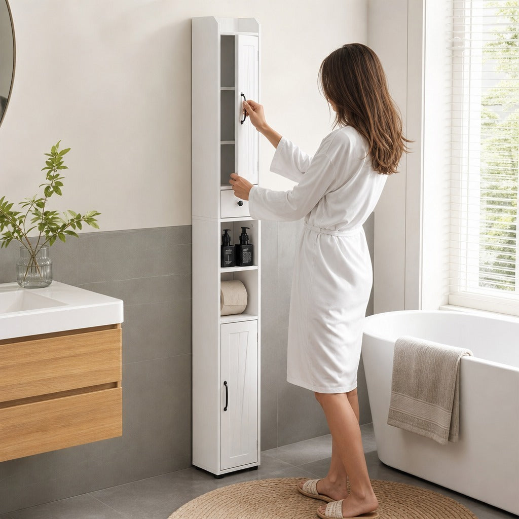 Coluna Casa de Banho Móvel Casa de Banho com 2 Portas gaveta Compartimento Aberto Prateleiras Ajustáveis e Suporte para Papel Higiênico Armário Casa de Banho Rústico 20x20x185 cm — Em utilização | In use