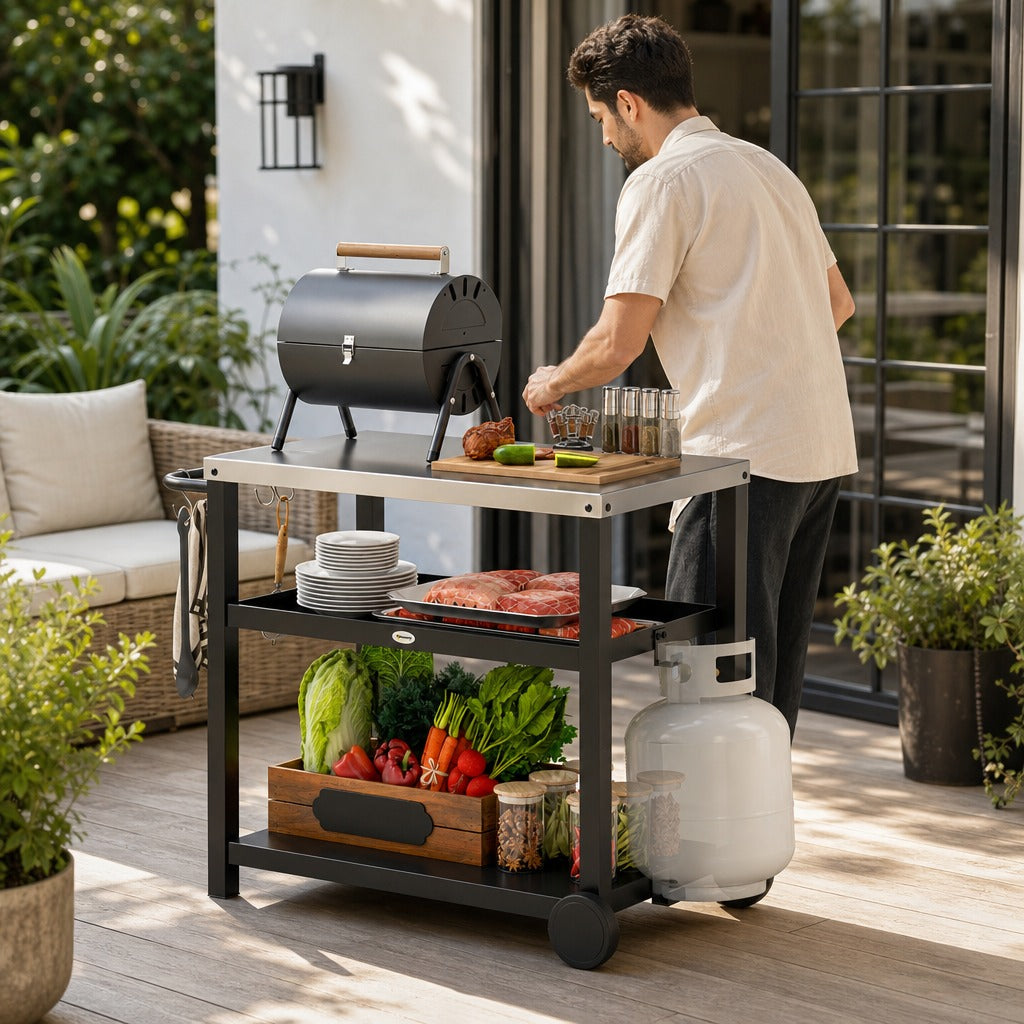 Carrinho de Barbecue de 3 Níveis Carrinho de Serviço com 2 Rodas Prateleiras Bancada em Aço Inoxidável e Alça Mesa para Forno de Pizza para Jardim e Pátio 102x50x81 cm Cinza Carvão — Em utilização | In use
