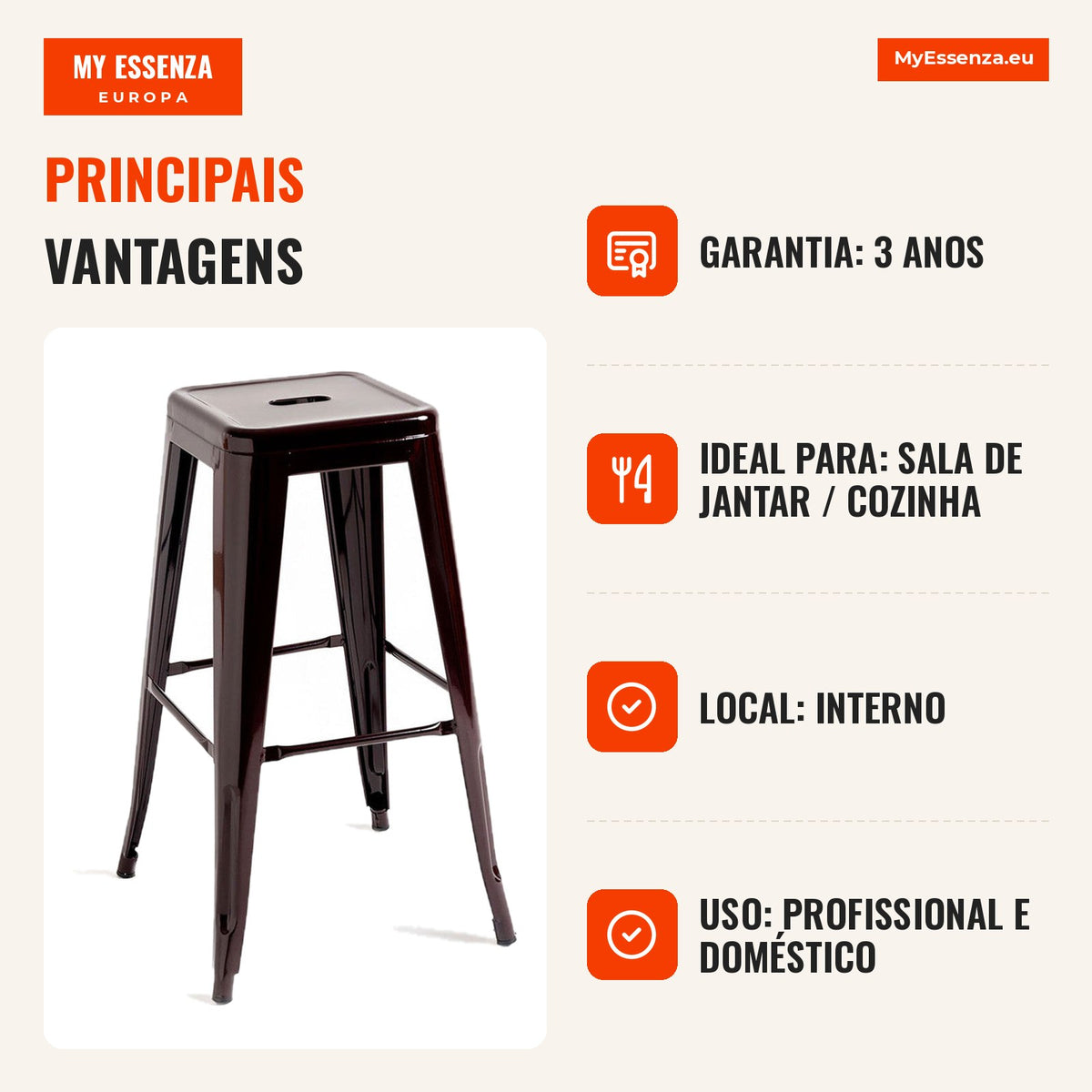 Banco Meyer Alto 76 cm — Marrom — Infografia — vantagens