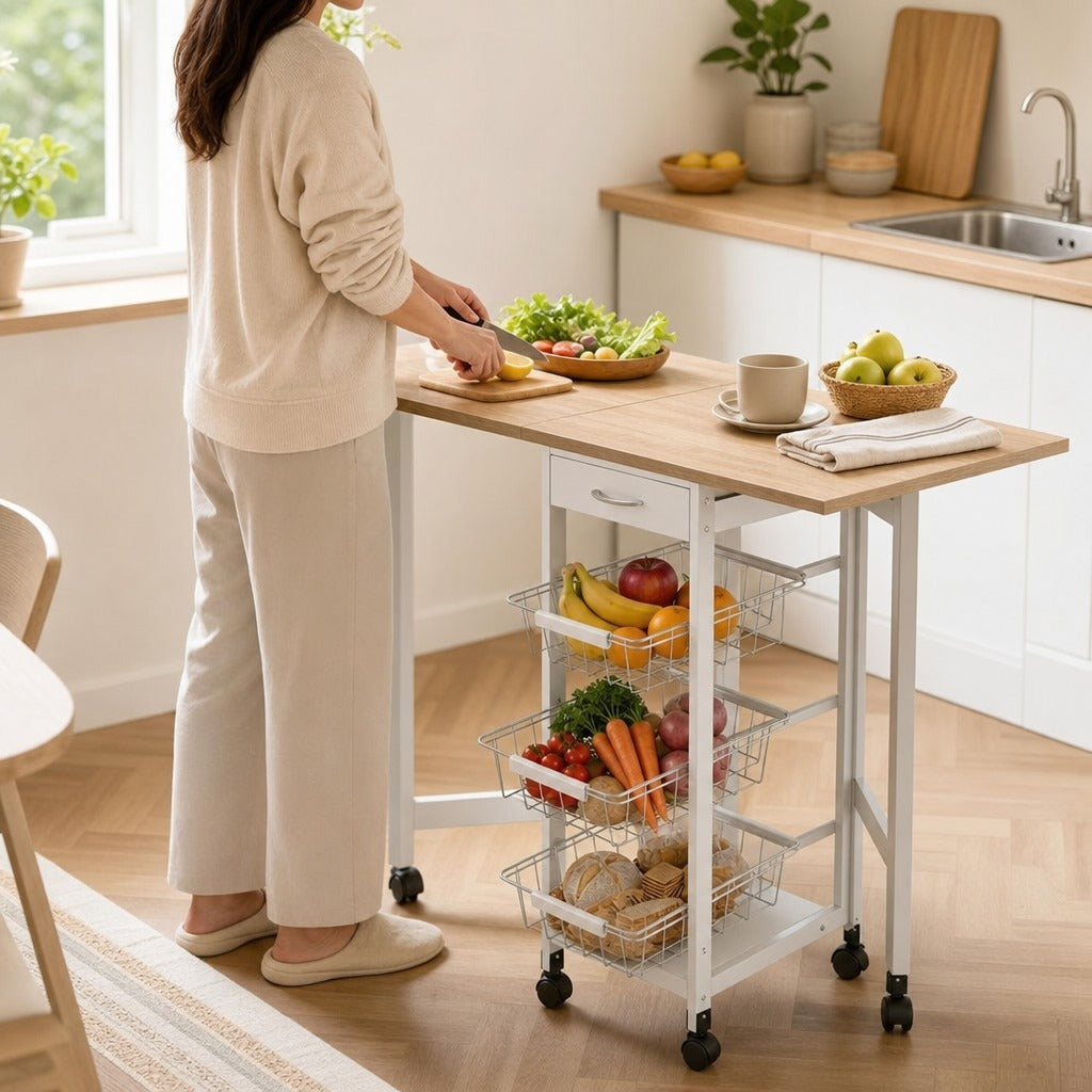 Carrinho de Cozinha Dobrável Carrinho Auxiliar com Rodas 1 Gaveta e 3 Cestos de Metal Carrinho de Serviço Multifuncional para Armazenamento Carga 50 kg 97,2x37x77,5 cm Branco e — Em utilização | In use