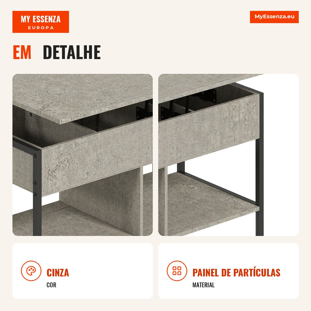 Mesa de Centro Elevável e Extensível Mesa de Sala com Compartimento Escondido Prateleiras Abertas 98x49x55 cm Cinza — infografia 2