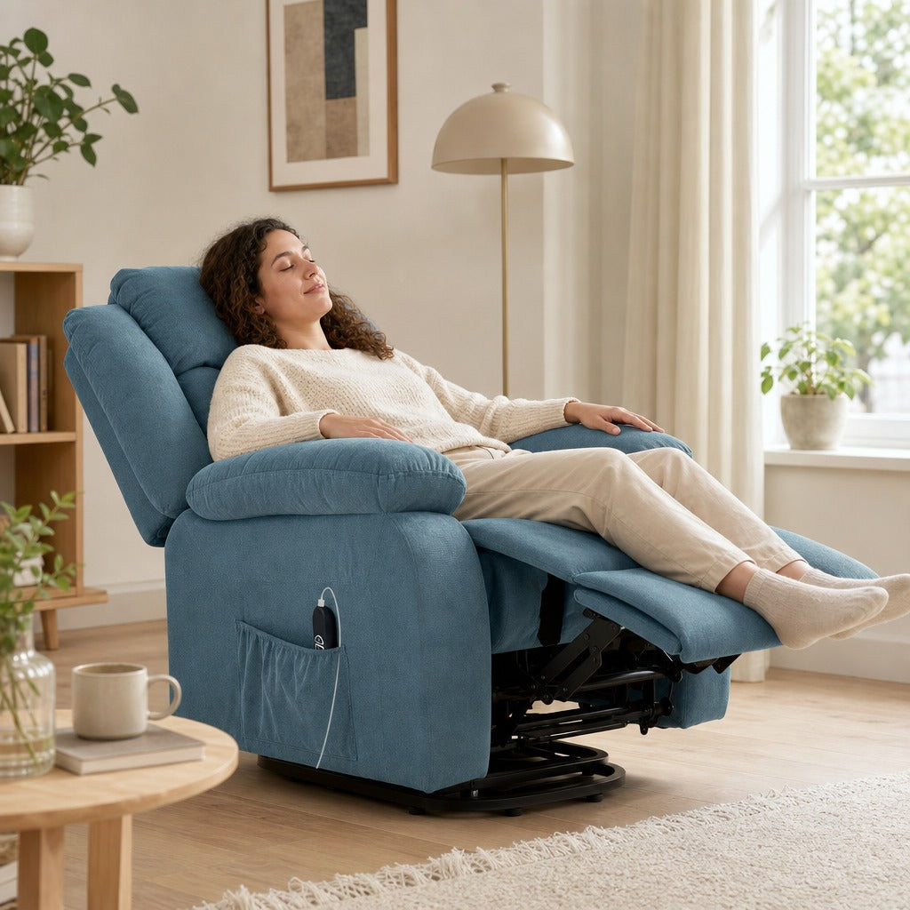 Poltrona Relax Reclinável Elétrica Elevatória com Porta USB Poltrona Elevatória com Controlo Remoto Assento Amplo Apoio para os Pés Estofada em Veludo Bolsos Laterais Azul — Em utilização | In use