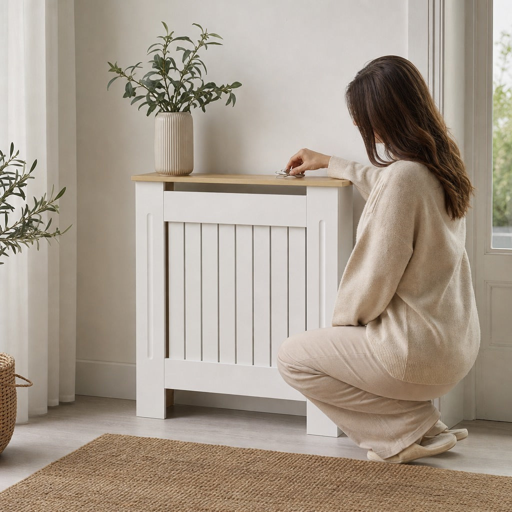 Cobertura Radiador 78x19x83cm Cobertura Radiador de MDF e Melamina de Madeira com Dispositivo Anti-Rolamento Desenho Moderno para Sala de Estar Dormitório Branco — Em utilização | In use