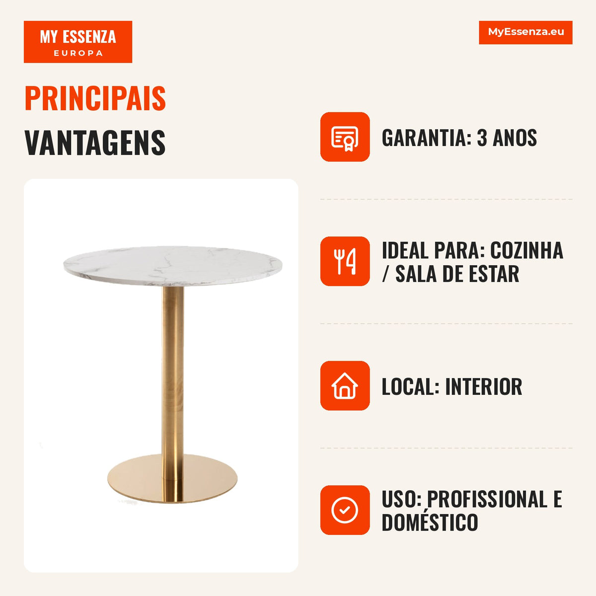 Mesa Roffi Redonda 70cm Dourada — Branco — Infografia — vantagens