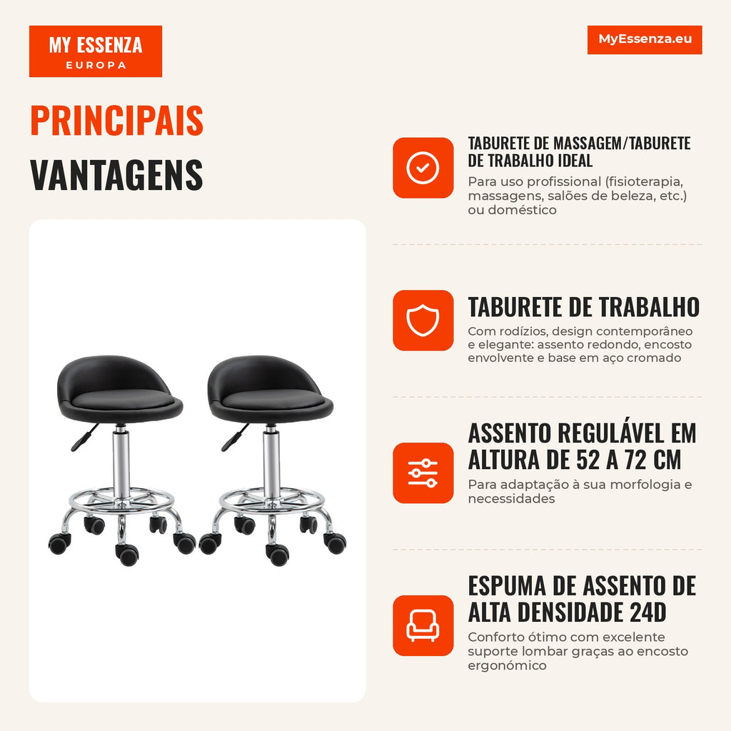 Conjunto 2 Taburetes com Rodízios 360° Assento Regulável 47-62 cm Aço Cromado Preto — infografia 2