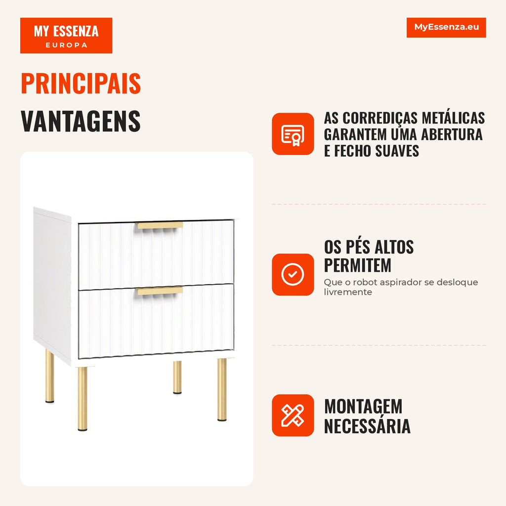 Mesa de Cabeceira Canelada com 2 Gavetas e Pés em Aço para Quarto e Sala Branco — infografia 2