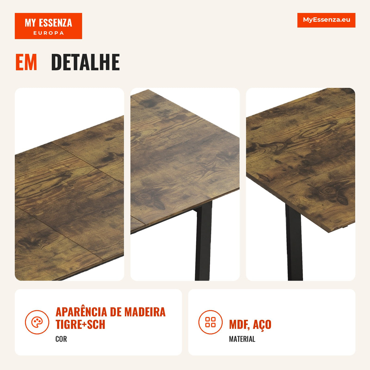 Mesa de Jantar Extensível 140-180 cm para 6-8 Pessoas Retangular em Design Industrial com Estrutura em Aço Aparência de Madeira Tigre — infografia 2