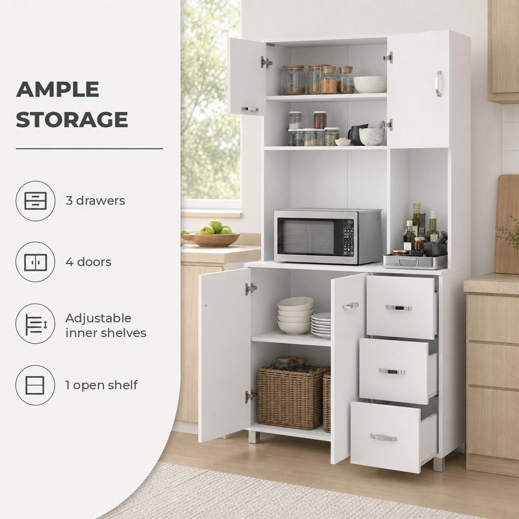 Armário de Cozinha Armário Alto com 3 Gavetas 4 Portas Prateleiras Interiores Ajustáveis e Pés Elevados Móvel Auxiliar para Sala de Jantar Sala de Estar 100x39,5x183,5cm Branco — Características | Features