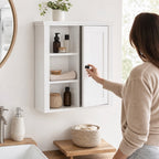 Armário de banheiro multifuncional Armário de parede com economia de espaço com 3 níveis abertos 1 porta Prateleira de sobreposição ajustável 53x14.5x50.5 cm Branco — Em utilização | In use