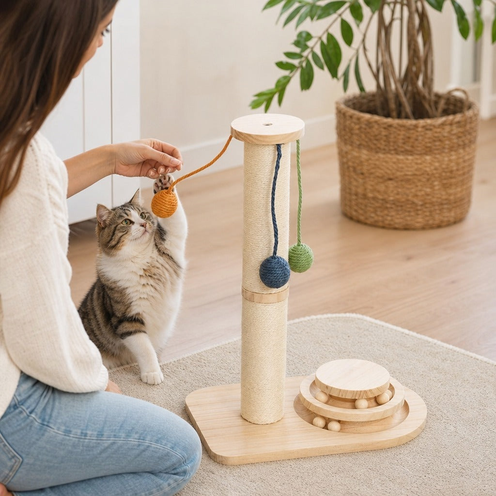 Poste Arranhador para Gatos Altura 56,5 cm Arranhador para Gatos com 3 Bolas Suspensas Brinquedo de Bola de Pista e Poste de Sisal Madeira — Em utilização | In use