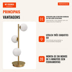 Lâmpada de cabeceira com 3 globos, lâmpada de mesa moderna com base em aço e soquetes G9, 53H cm, tom latão — infografia 2