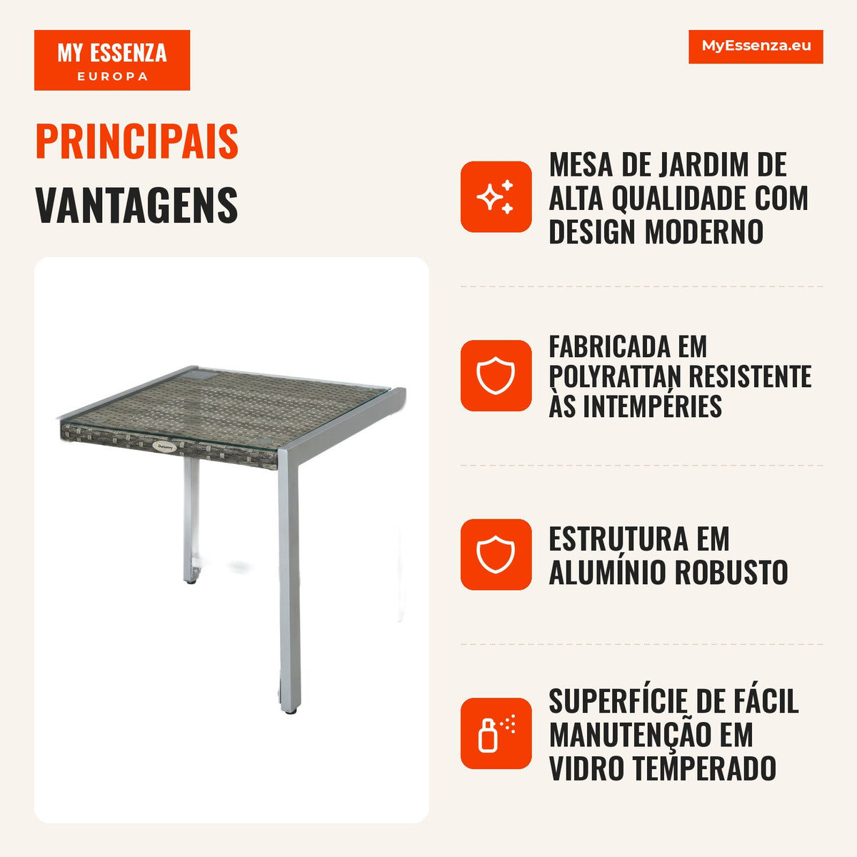 Mesa de Jardim Mesa de Apoio Móveis de Jardim com Vidro Temperado Polyrattan + Alumínio Cinza 50 x 49,5 x 50 cm — infografia 2