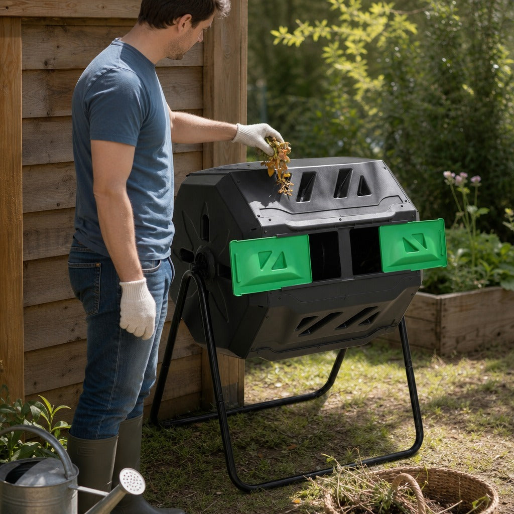 Compostor de Tambor Giratório com Capacidade 160L de Dupla Câmera e Ventilação Estrutura de Aço para Resíduos Orgânicos de Jardim 71x64x92cm Preto e Verde — Em utilização | In use