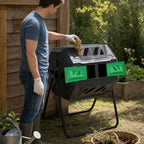 Compostor de Tambor Giratório com Capacidade 160L de Dupla Câmera e Ventilação Estrutura de Aço para Resíduos Orgânicos de Jardim 71x64x92cm Preto e Verde — Em utilização | In use