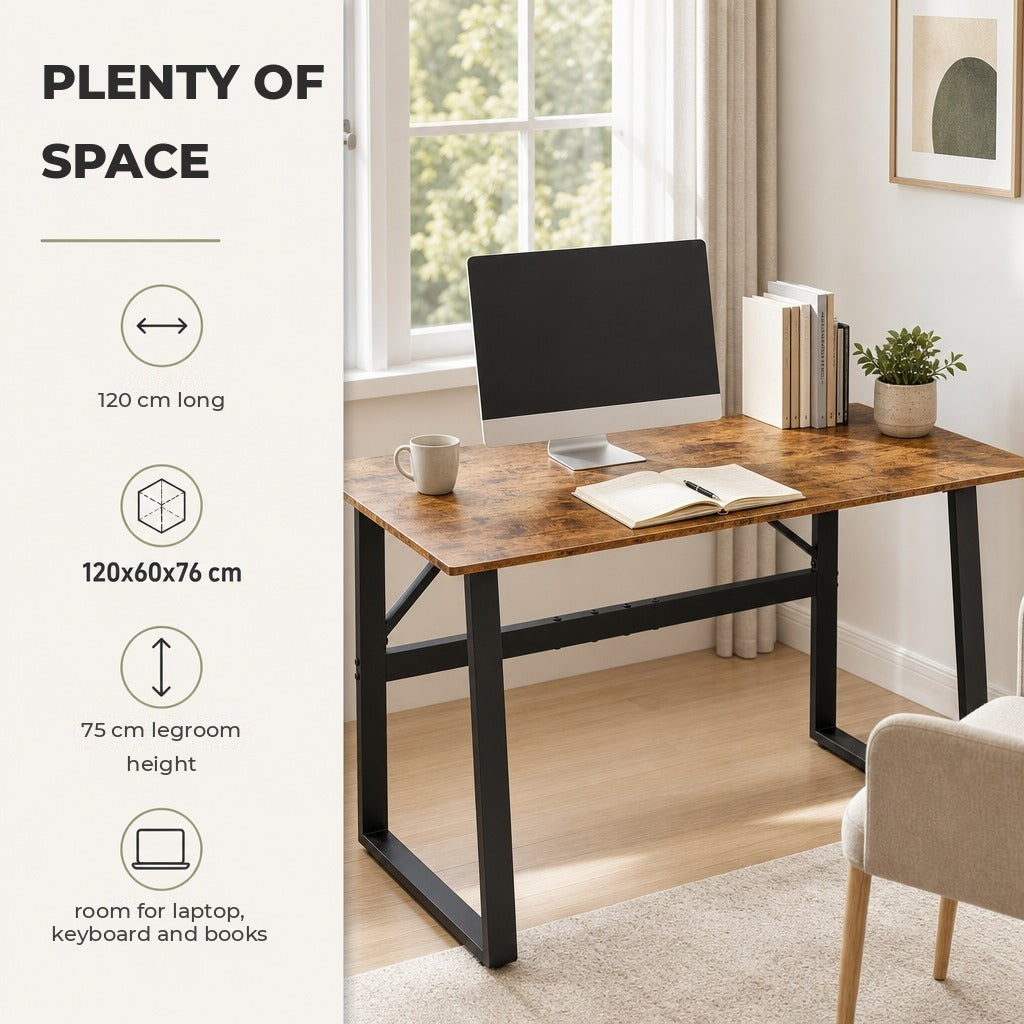 Secretária Estilo Industrial 120x60x76 cm Mesa de Computador com Estrutura de Aço Fácil de Montar para Casa Oficina Quarto Estudo Castanho Rústico — Características | Features