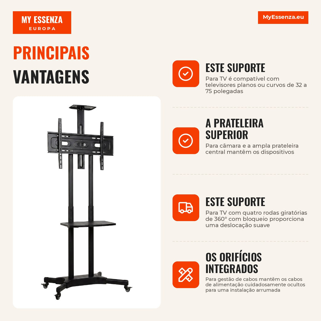 Suporte para TV com Rodas para Televisores de 32-75 Polegadas, Altura Ajustável, Rodas com Travão, VESA máx. 400 x 600 mm — infografia 2