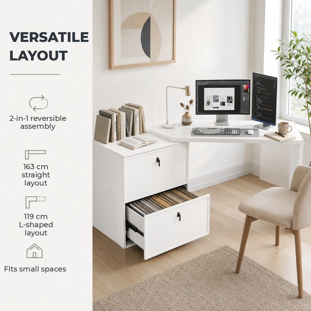 Secretária Reversível em Forma de L, Secretária de Canto com 2 Gavetas Arquivadoras A4, Design Moderno para Espaços Pequenos, Escritório em Casa, Branco — Características | Features
